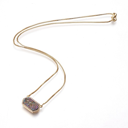 Collares colgantes de cuarzo druzy natural, con fornituras de latón, Rectángulo