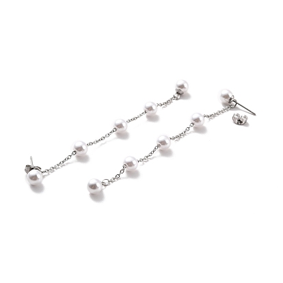 Round Plastic Pearl Beaded Long Chain Dangle Stud Earrings, 304 Stainless Steel Drop Earrings for Women