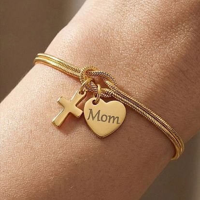 День матери 304 Браслеты из нержавеющей стали в виде змеиной цепочки, двухслойные, браслеты с подвесками для женщин, сердце с мамой и крестом