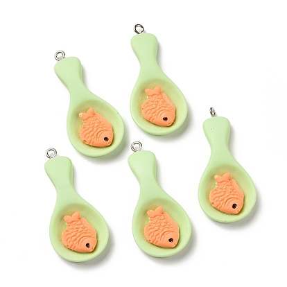 Opaque Resin Pendants, with Platinum Tone Iron Loops, Imitation Food, Spoon with Fish
