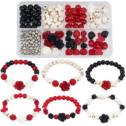 Наборы для самостоятельного изготовления эластичных браслетов на тему Хэллоуина, в том числе стеклянные бусины, бусины из синтетического магнезита, бирюзы и коралла, Бусины со стразами, полимерная глина , Бусины из cмолы, хрустальная струна