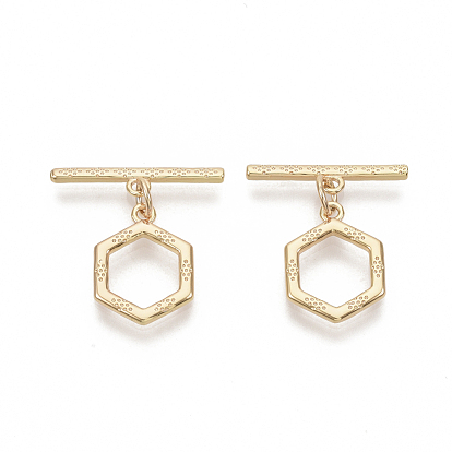 Laiton fermoirs toggle, sans nickel, avec des anneaux de saut, hexagone, réel 18 k plaqué or