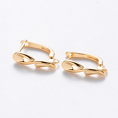 Brass Hoop Earring Findings with Latch Back Closure, Nickel Free, with Horizontal Loop, Real 18K Gold Plated