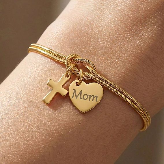 День матери 304 Браслеты из нержавеющей стали в виде змеиной цепочки, двухслойные, браслеты с подвесками для женщин, сердце с мамой и крестом