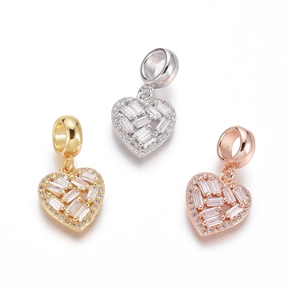 Brass Micro Pave Clear Cubic Zirconia European Dangle Charms, Large Hole Pendants, Heart