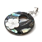 Natural Paua Shell Pendants, Flat Round Charms with Brass Rhinestone Findings and Natural White Shell Flower