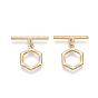 Brass Toggle Clasps, Nickel Free, with Jump Rings, Hexagon, Real 18K Gold Plated