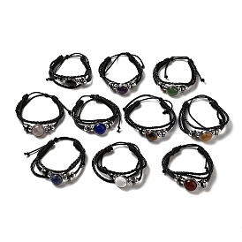 Natural Gemstone Multi-strand Bracelets, Adjustable PU Leather Braided Cord Bracelets for Unisex