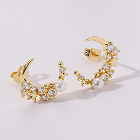 Starry Night Crescent Earrings with Zirconia, Pearl and 925 Silver Pins for Women