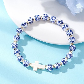 Браслеты ручной работы из фарфора и синтетической бирюзы., эластичные браслеты для женщин, круглый и крест