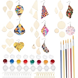 DIY Dangle Earring Makings, with Unfinished Wood Pendants, Iron Earring Hooks, Plastic Art Brushes Pen Sets & Paint Pots Strips, Mixed Shapes