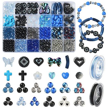 DIY Bracelet Making Kit, Including Acrylic Beads, Elastic Thread, Cross & Butterfly & Heart & Rainbow & Imitation Pearl