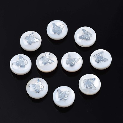 Natural Freshwater Shell Beads, with Brass Metal Embellishments, Flat Round with Butterfly