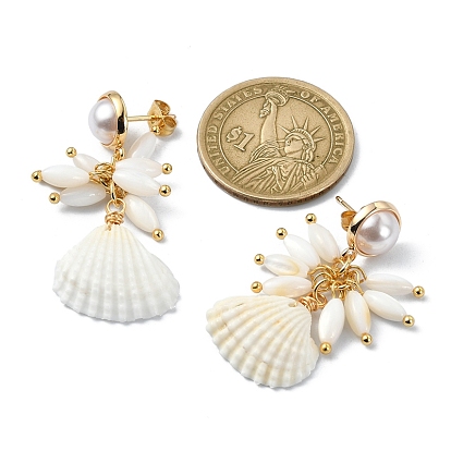 Alloy Dangle Stud Earrings, Natural Shell & Pearl Cluster Earrings