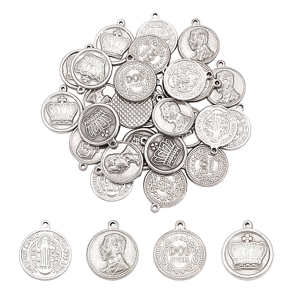 40Pcs 4 Style 201 Stainless Steel Pendants, Flat Round