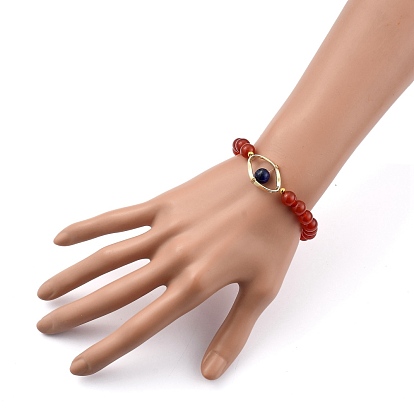 Natural Gemstone Stretch Beaded Bracelets, with Golden Plated Alloy Linking Rings, Evil Eye