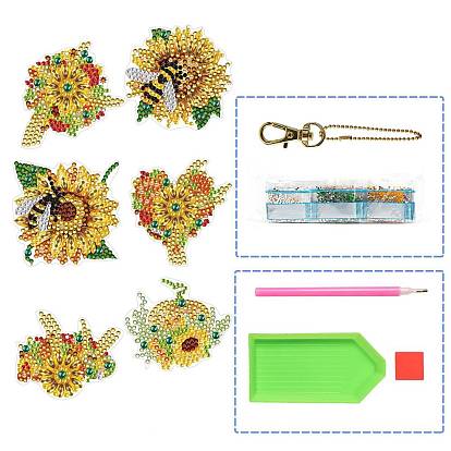 6Pcs Flower DIY Diamond Painting Keychain Kit, Including Resin Rhinestones Bag, Diamond Sticky Pen, Tray Plate and Glue Clay
