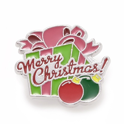 Gift Box with Word Merry Christmas Enamel Pin, Alloy Badge for Backpack Clothes, Platinum