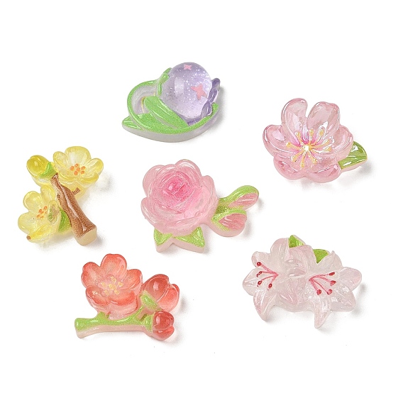 Floral Printed Transparent Resin & Glitter Powder Cabochons, Mixed Shapes