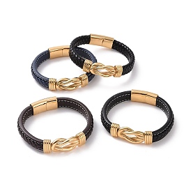304 Stainless Steel Interlocking Kont Link Bracelet, Microfiber Leather Cord Punk Bracelet with Magnetic Buckle for Men Women