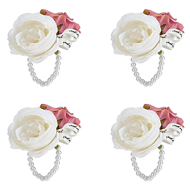 CRASPIRE 4Pcs Silk Wrist Corsage, with Plastic Imitation Flower and Imitation Pearl Stretch Bracelets, for Wedding, Party Decorations