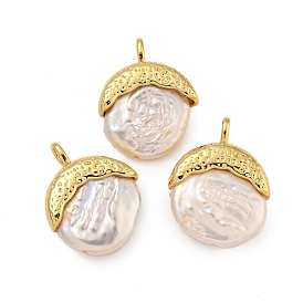 Natural Keshi Pearl Pendants, Flat Round Charms with Rack Plating Brass Findings, Long-Lasting Plated,  Cadmium Free & Lead Free