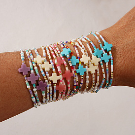 3 Браслет из эластичной ткани с подвеской в виде богемного креста, выполненный из стеклянных и латунных бусин, для женщин.