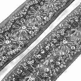 Polyester Lace Trims, with ABS Imitation Pearl Beads and Glass