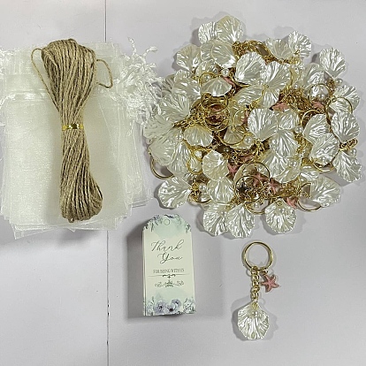 Llavero de perlas de aleación de esmalte y plástico ABS con forma de estrella de mar y hoja, con llaveros de hierro., tarjeta de papel, cordón de yute, Bolsas de organza