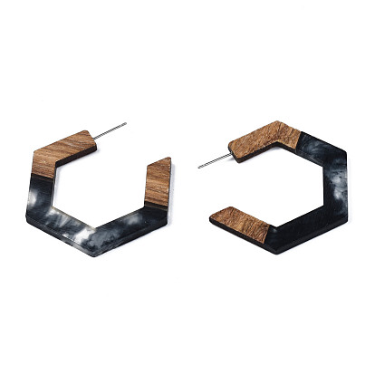 Hexagon Half Hoop Earrings for Women, Two Tone Resin & Walnut Wood Open Hoop Earrings, Stud Earrings with 304 Stainless Steel Pin