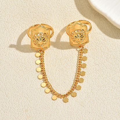 Vintage-Blumen-Doppelringe aus Messing, offene Manschettenringe, flache runde Quastenkette verstellbare Ringe
