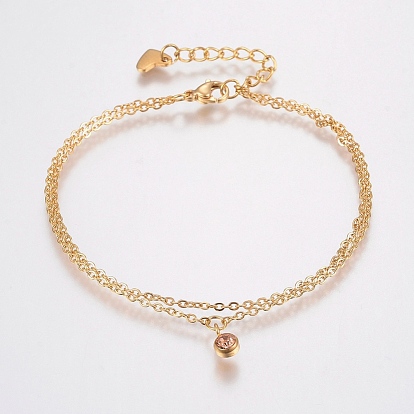 304 Stainless Steel Cable Chain Bracelets, Multi-strand Bracelets, with Rhinestone, Lobster Claw Clasps, Flat Round, Golden