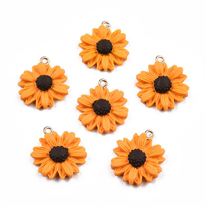 Handmade Polymer Clay Pendants, with Light Gold Plated Iron Loop, Sunflower