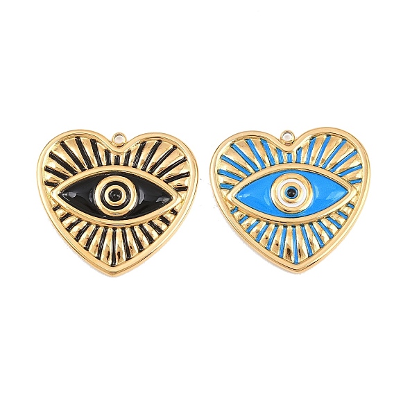 304 Stainless Steel Enamel Pendants, Heart & Evil Eye Pattern Charms, Ion Plating(IP), Golden