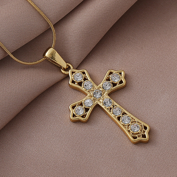 Винтажные 304 ожерелья с подвеской в виде креста из нержавеющей стали с прозрачным стеклом для женщин