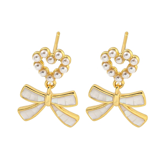 Rack Plating Brass & Natural Shell Stud Earrings, Heart & Bowknot Plastic Imitation Pearl Dangle Earrings for Women, Long-Lasting Plated, Cadmium Free & Lead Free