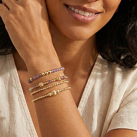 4шт. 4 модели браслетов из натурального аметиста и латунных круглых бусин, эластичные, для женщин