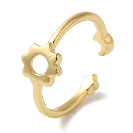 Flower Rack Plating Brass Open Cuff Finger Rings for Women, Long-Lasting Plated, Lead Free & Cadmium Free, Moon & Star