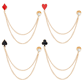 4шт. 4 стили игральных карт, сплав, стразы, застежки для значков на лацкан, подвесная брошь-цепочка