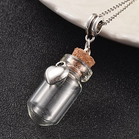 Glass Bottle European Dangle Charms, with Alloy Heart Charm and Iron Findings, Wooden Bungs, 34x13mm, Hole: 4.5mm