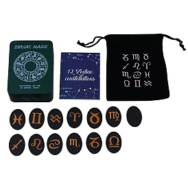 13Pcs Oval Wood Zodiac Magic Sets, Engraved 12 Constellation Symbol for Meditation Divination, with 1Pc Drawstring Storage Bag & 1Pc Box