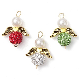 3Pcs 3 Colors Acrylic Pearl & Polymer Clay Rhinestone Angel Connector Charms, with Tibetan Style Alloy Wings, Antique Golden