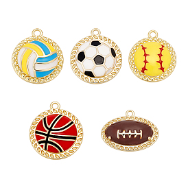 5Pcs 5 Styles Alloy Enamel Pendants, Ball Game Charms, Golden
