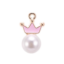 Golden Plated Alloy Pendants, with Enamel and Acrylic Imitation Pearl, Crown