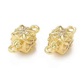 Brass Micro Pave Clear Cubic Zirconia Connector Charms, Square Links with Flower