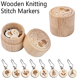 8Pcs Flower Pattern Flat Round Wood Locking Stitch Markers, with Iron Safety Pins & Storage Box