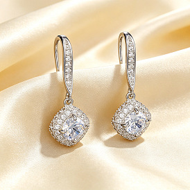 Brass Micro Pave Clear Cubic Zirconia Dangle Earrings for Women, Rhombus