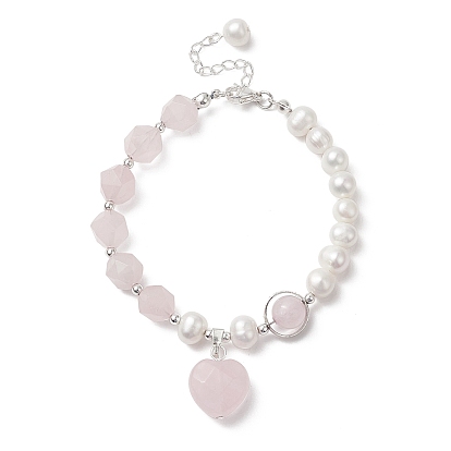 Natural Gemstone Heart Charm Bracelet with Natural Pearl Beaded Chains for Women