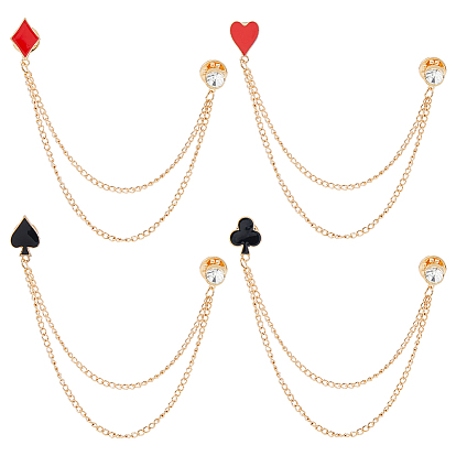 4шт. 4 стили игральных карт, сплав, стразы, застежки для значков на лацкан, подвесная брошь-цепочка