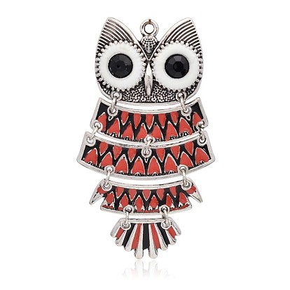 Antique Silver Plated Halloween Owl Alloy Enamel Big Pendants, with Rhinestones, 86x42x6mm, Hole: 3mm